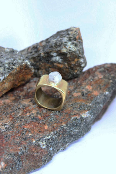 Brass + Silver Square Rock Ring  - #102