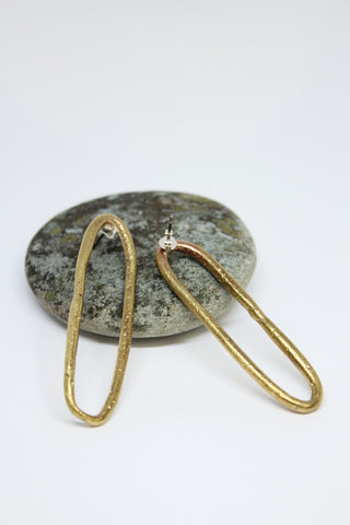 Brass Hand Formed, Long Hoop Stud Earrings- #69