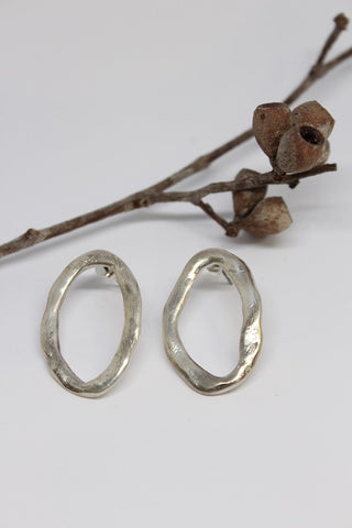 Silver, Hand Formed, Oval Stud Earrings- #71